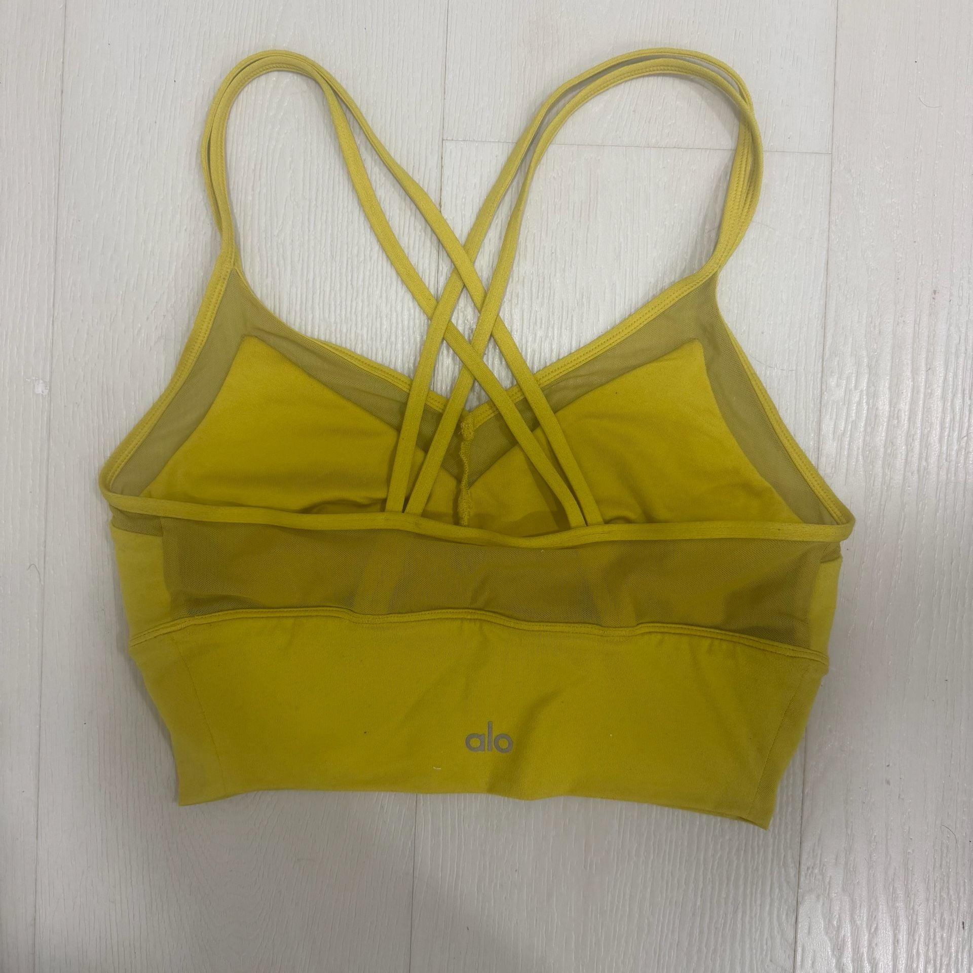 Alo Yoga Sports Bra Size M Yellow Mesh Criss Cross Strappy Longline 4