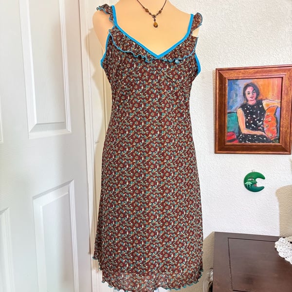 Xhilaration Brown Floral Slip Dress Y2K Ruffle Trim