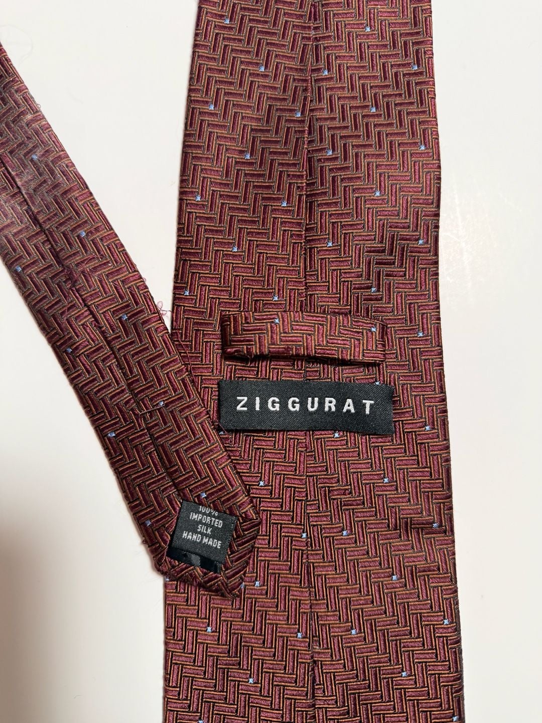 Ziggurat Silk Necktie Burgundy Geometric Pattern Hand Made 1