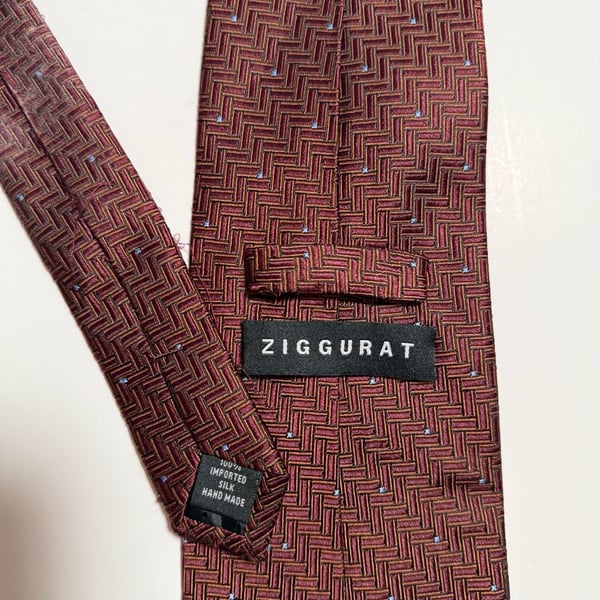 Ziggurat Silk Necktie Burgundy Geometric Pattern Hand Made