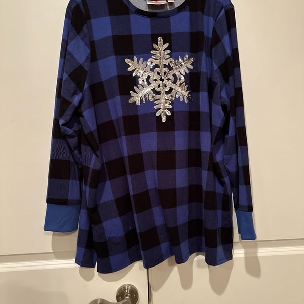 Quacker Factory Buffalo Plaid Snowflake Tunic Size 1X Blue Black Sequin