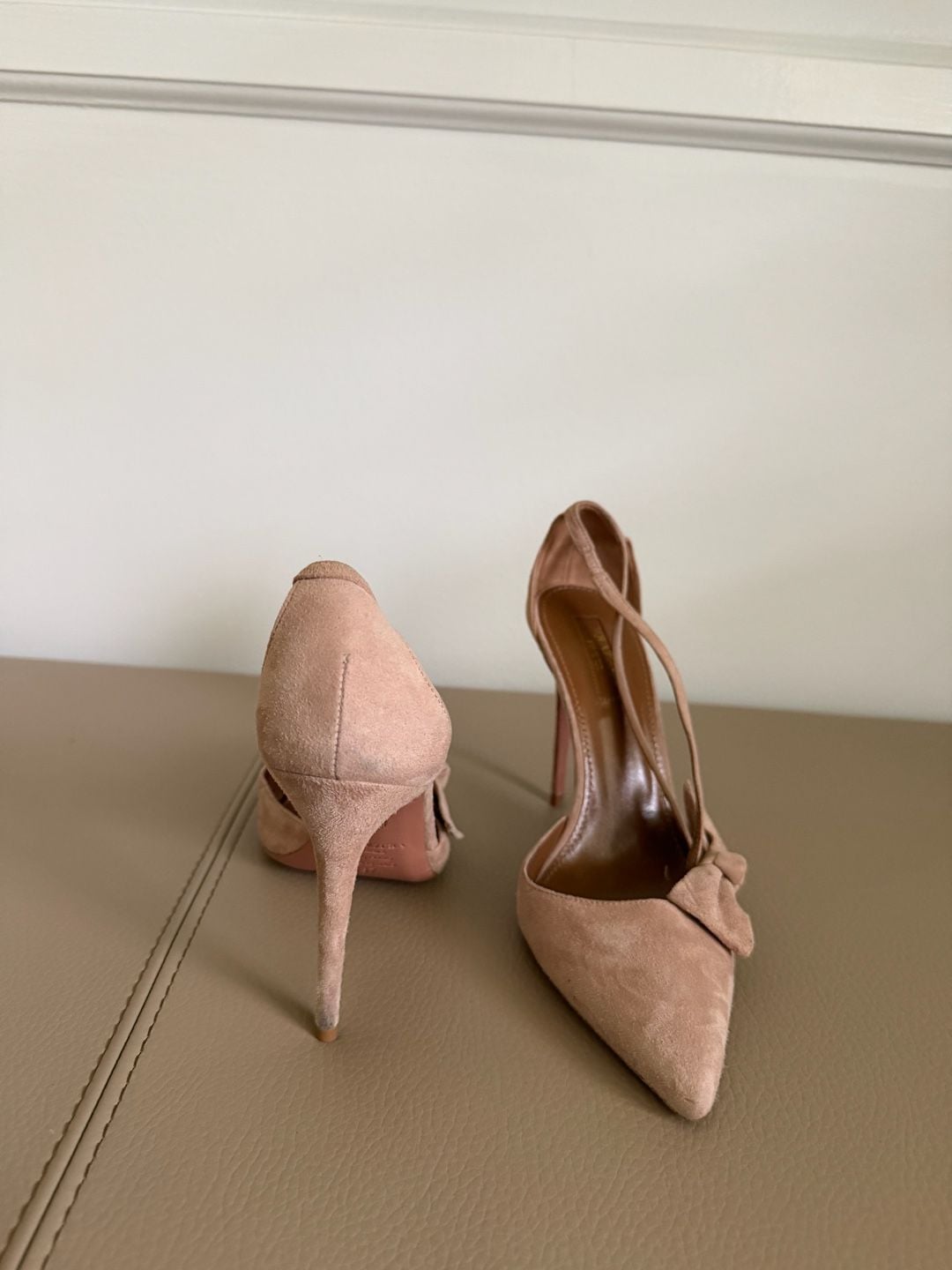 Aquazzura Parisienne Pumps Size 37 Nude Suede Bow Heels 3