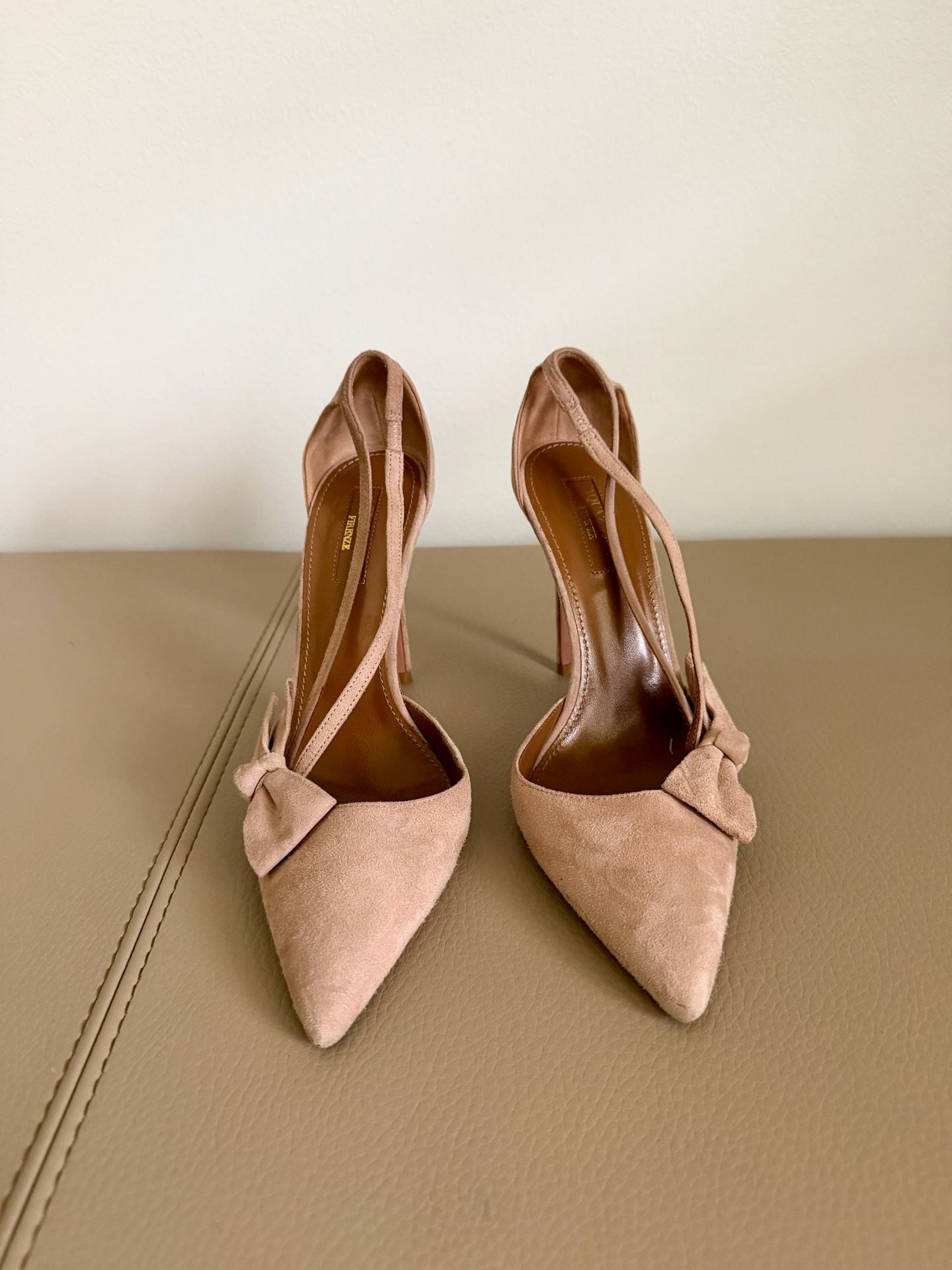 Aquazzura Parisienne Pumps Size 37 Nude Suede Bow Heels 4
