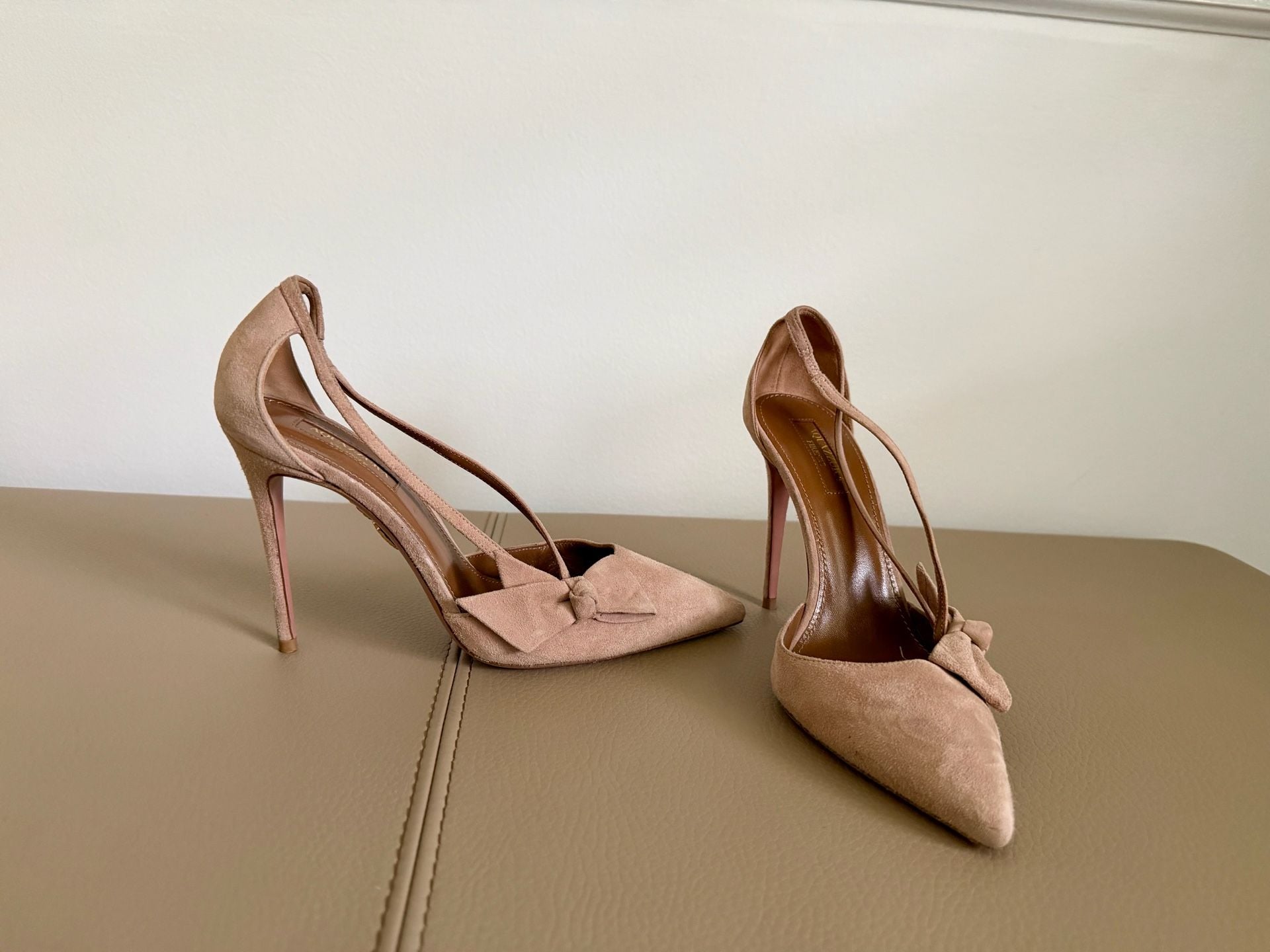 Aquazzura Parisienne Pumps Size 37 Nude Suede Bow Heels 2