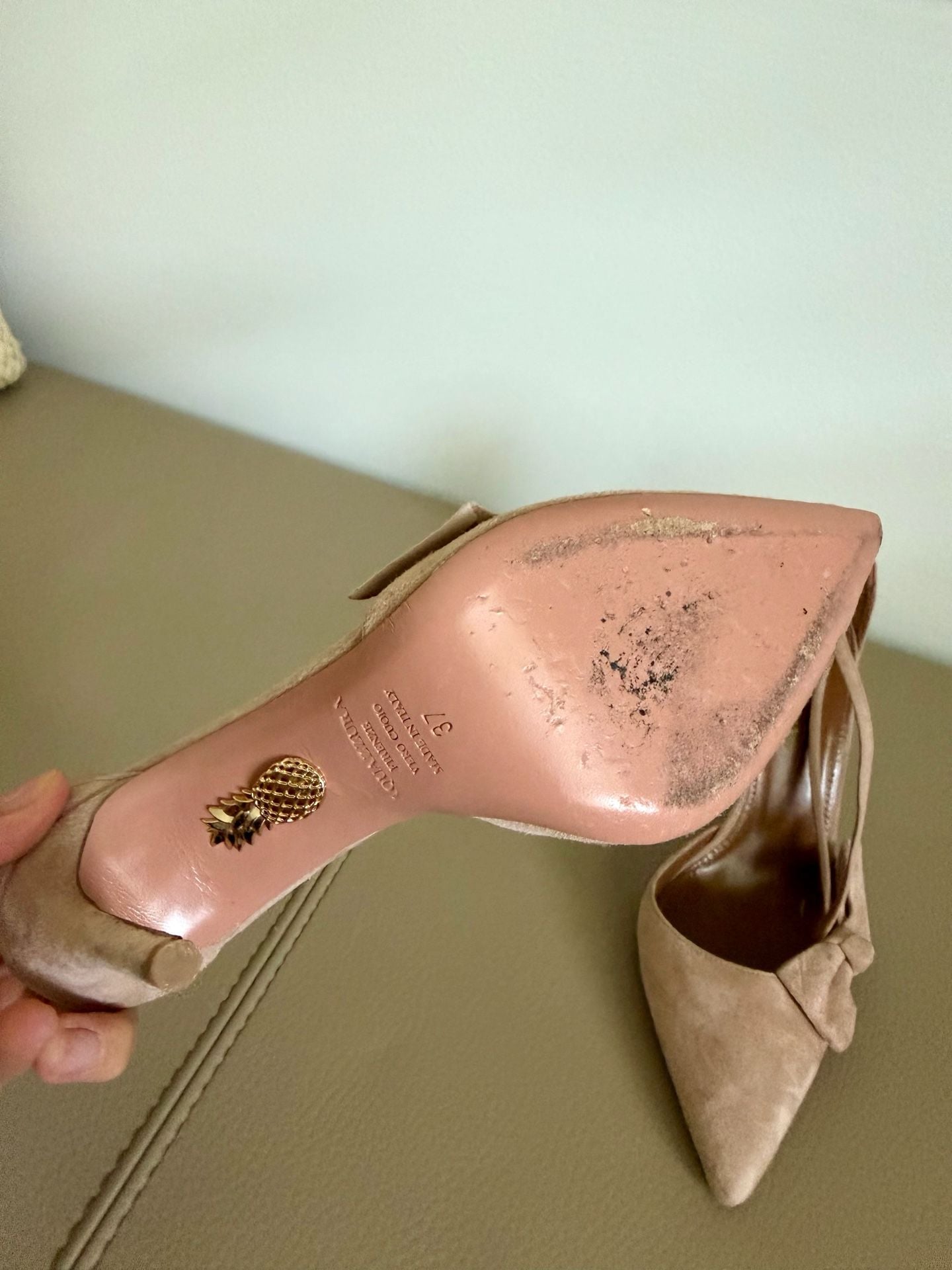 Aquazzura Parisienne Pumps Size 37 Nude Suede Bow Heels 6