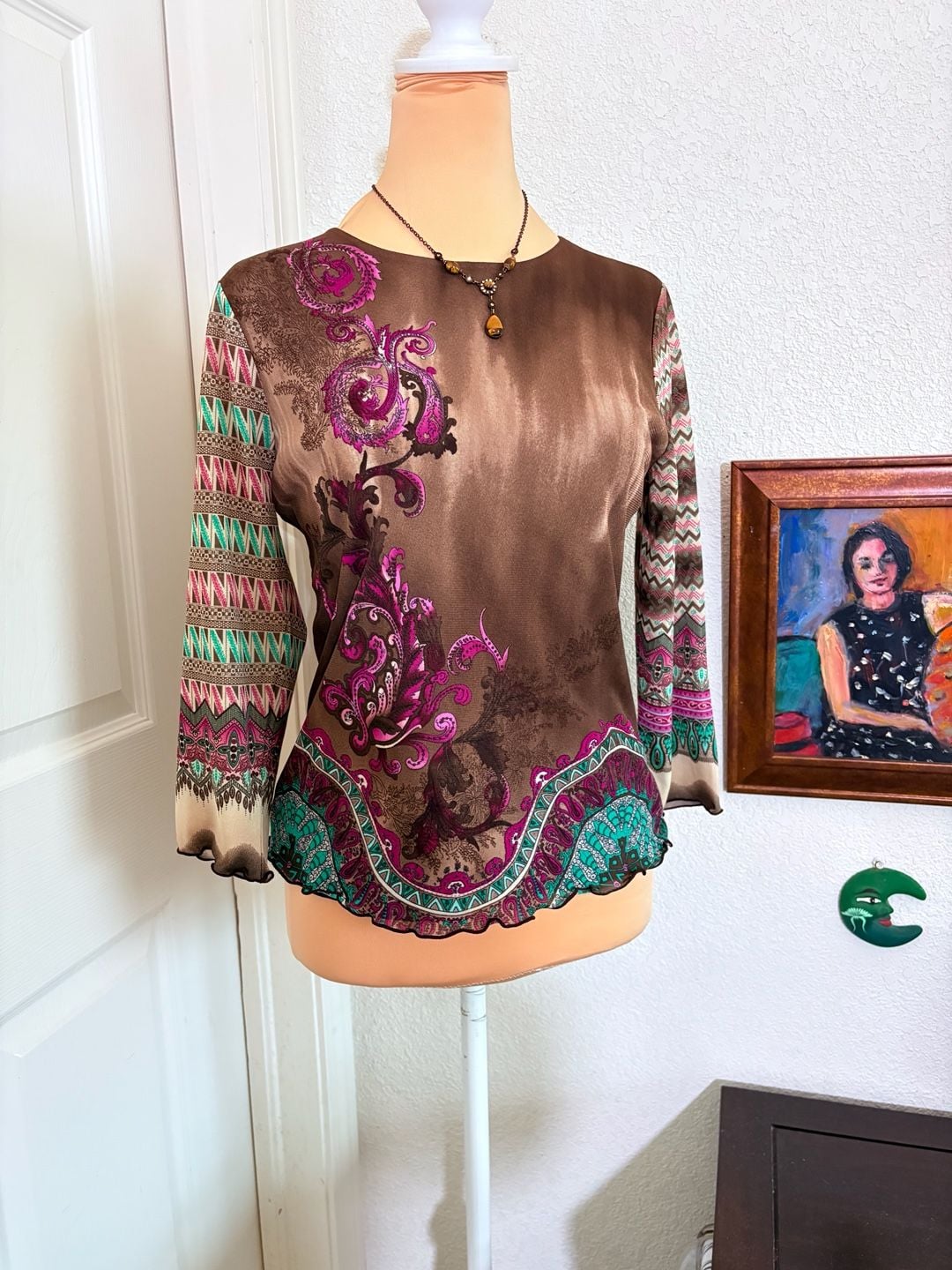Anne Klein Blouse Size PS Brown Paisley Boho Geometric Long Sleeve Top 2