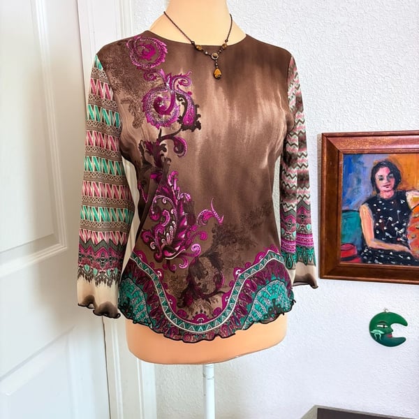 Anne Klein Blouse Size PS Brown Paisley Boho Geometric Long Sleeve Top