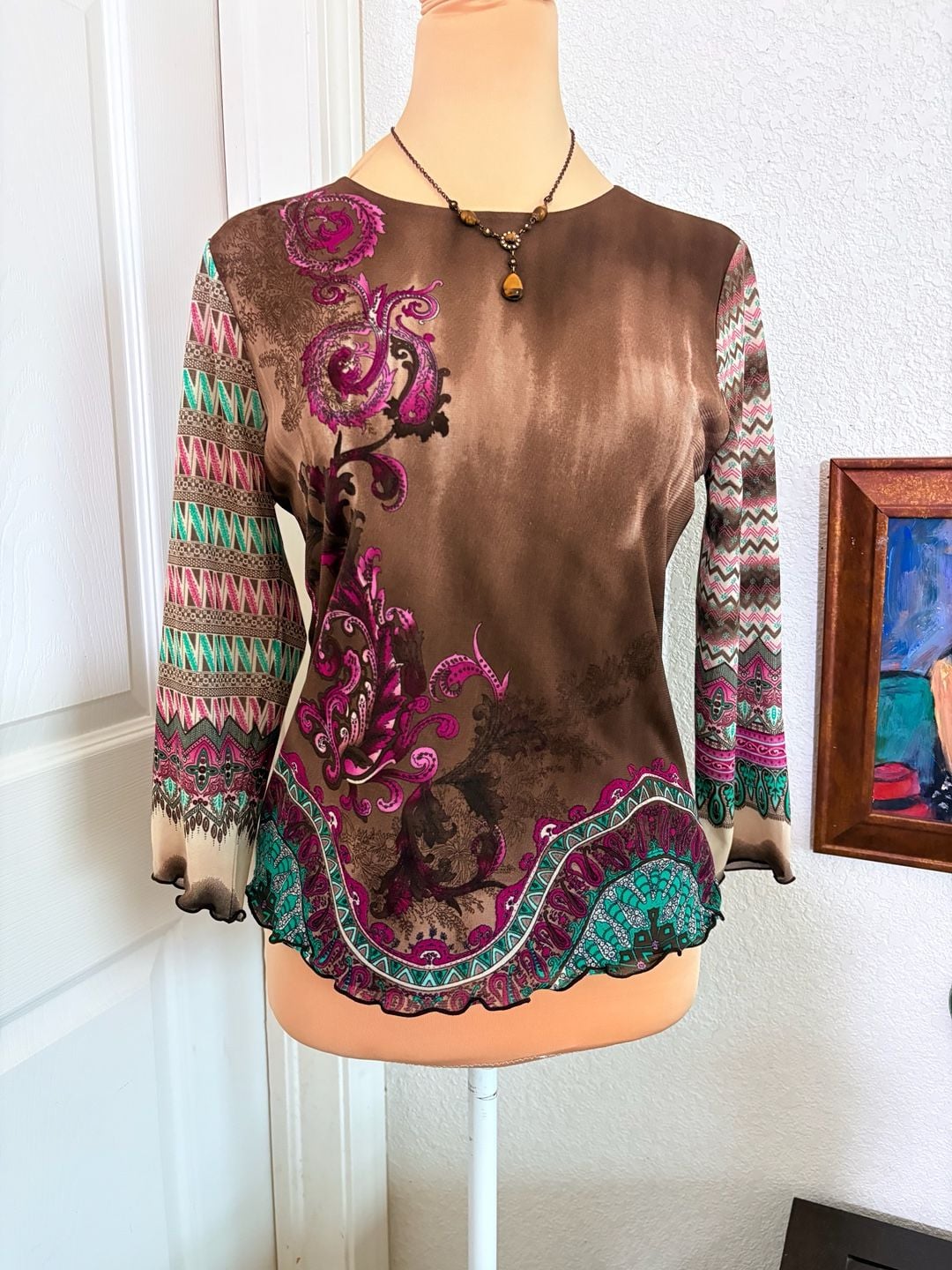 Anne Klein Blouse Size PS Brown Paisley Boho Geometric Long Sleeve Top 3