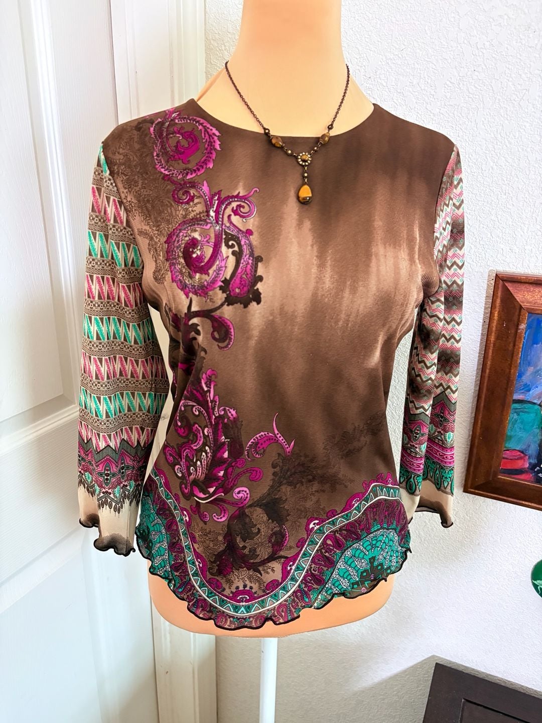 Anne Klein Blouse Size PS Brown Paisley Boho Geometric Long Sleeve Top 4