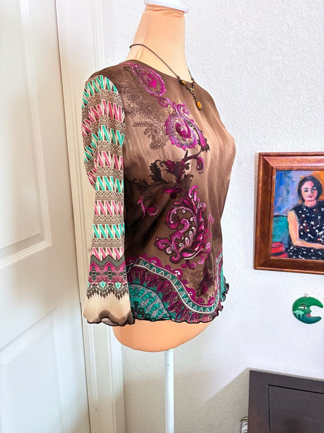 Anne Klein Blouse Size PS Brown Paisley Boho Geometric Long Sleeve Top 5