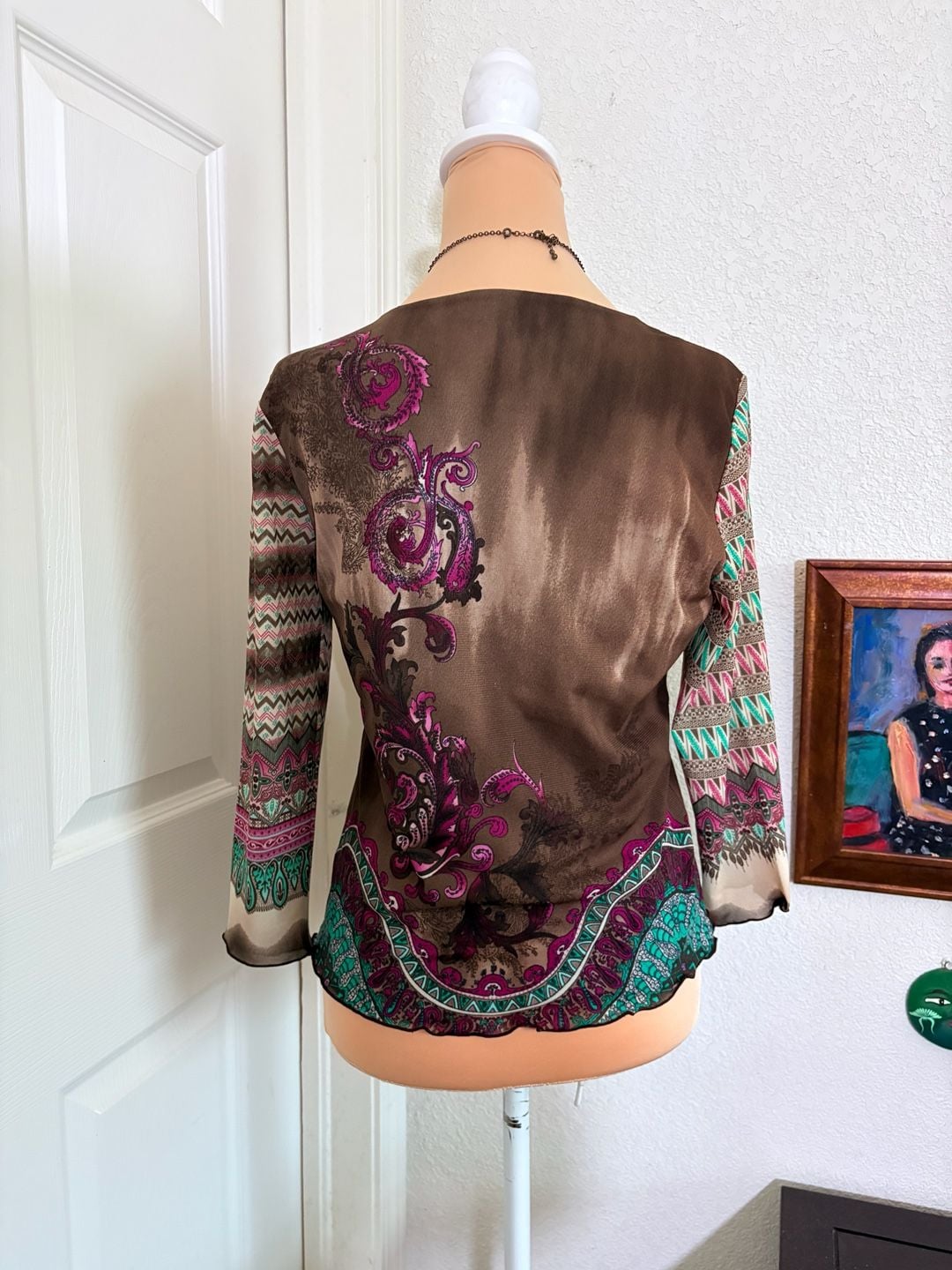 Anne Klein Blouse Size PS Brown Paisley Boho Geometric Long Sleeve Top 6