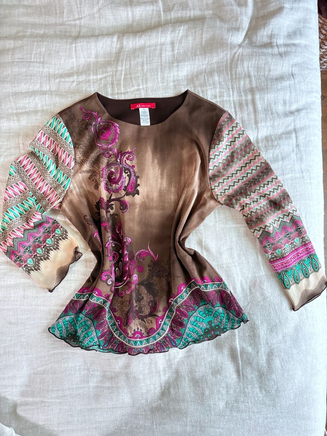 Anne Klein Blouse Size PS Brown Paisley Boho Geometric Long Sleeve Top 7