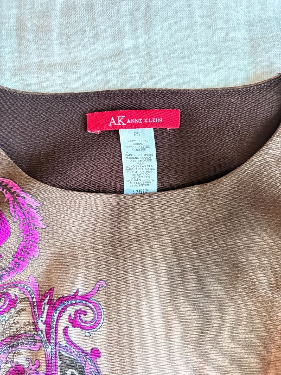 Anne Klein Blouse Size PS Brown Paisley Boho Geometric Long Sleeve Top 8