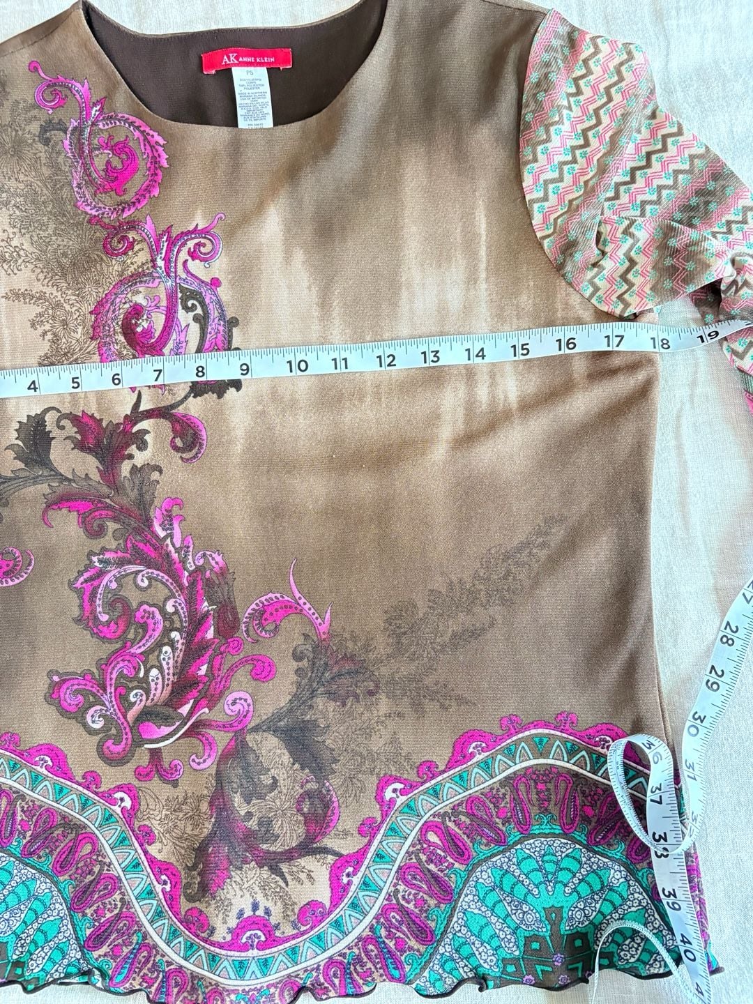 Anne Klein Blouse Size PS Brown Paisley Boho Geometric Long Sleeve Top 9