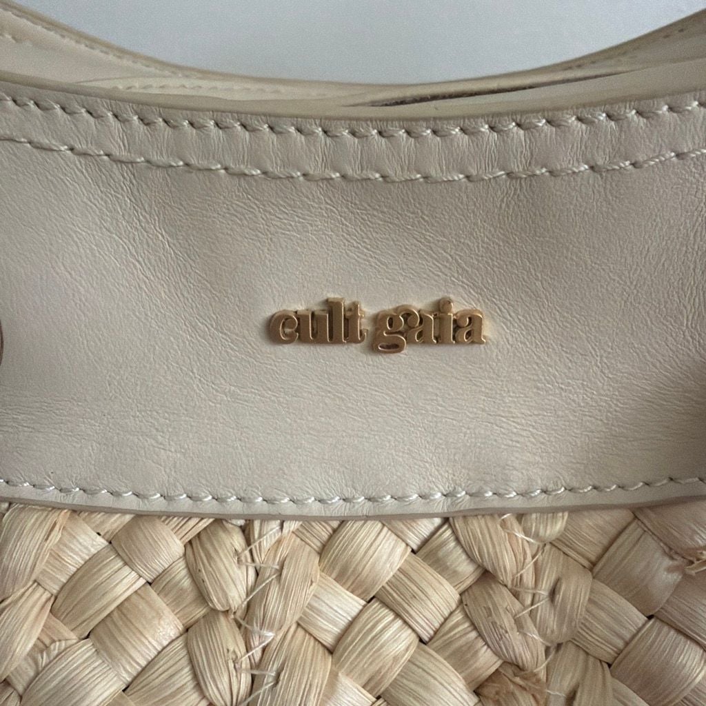 Cult Gaia Woven Straw Leather Trim Handbag Cream 4