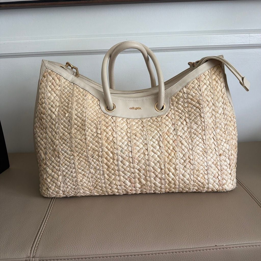 Cult Gaia Woven Straw Leather Trim Handbag Cream 2