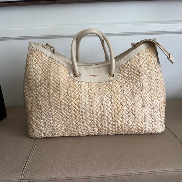 Cult Gaia Woven Straw Leather Trim Handbag Cream