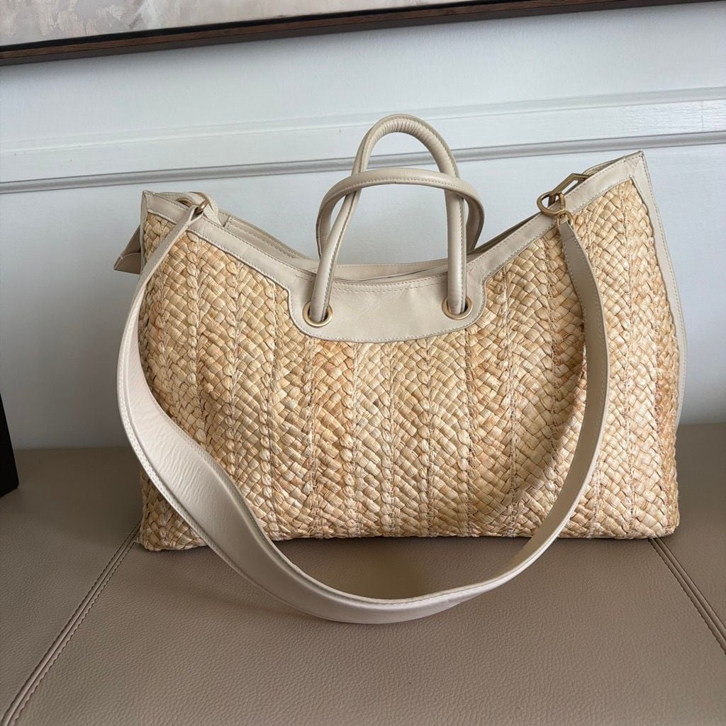 Cult Gaia Woven Straw Leather Trim Handbag Cream 3