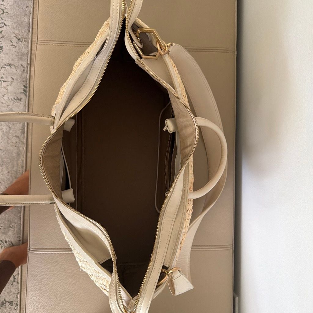 Cult Gaia Woven Straw Leather Trim Handbag Cream 5