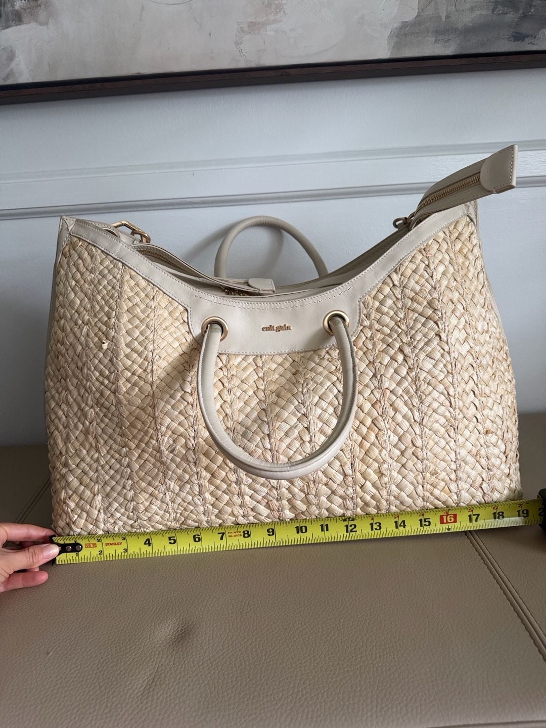 Cult Gaia Woven Straw Leather Trim Handbag Cream 8