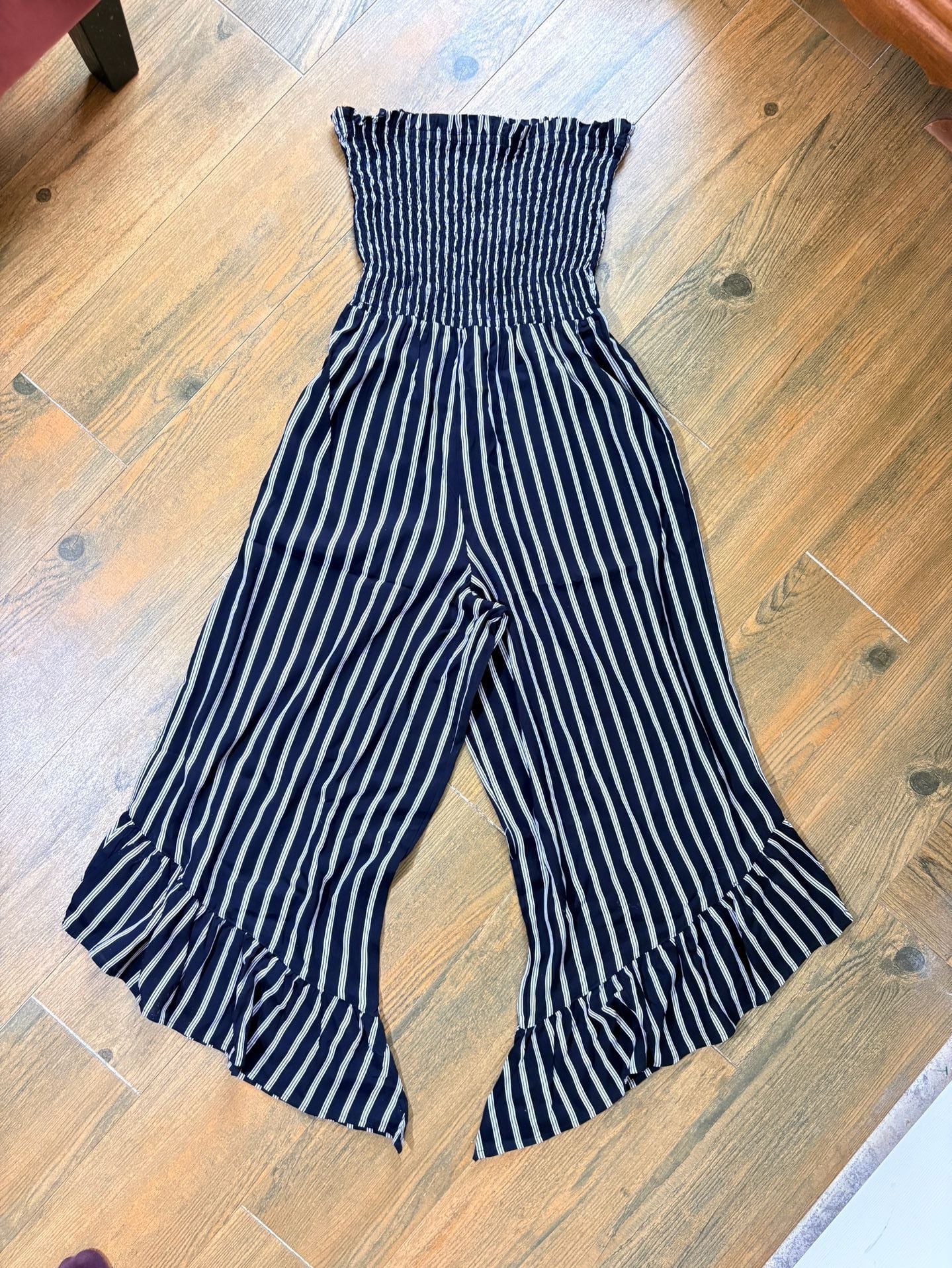 Angie Smocked Jumpsuit Size S Black White Striped Ruffle Hem 2