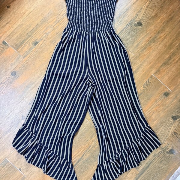 Angie Smocked Jumpsuit Size S Black White Striped Ruffle Hem