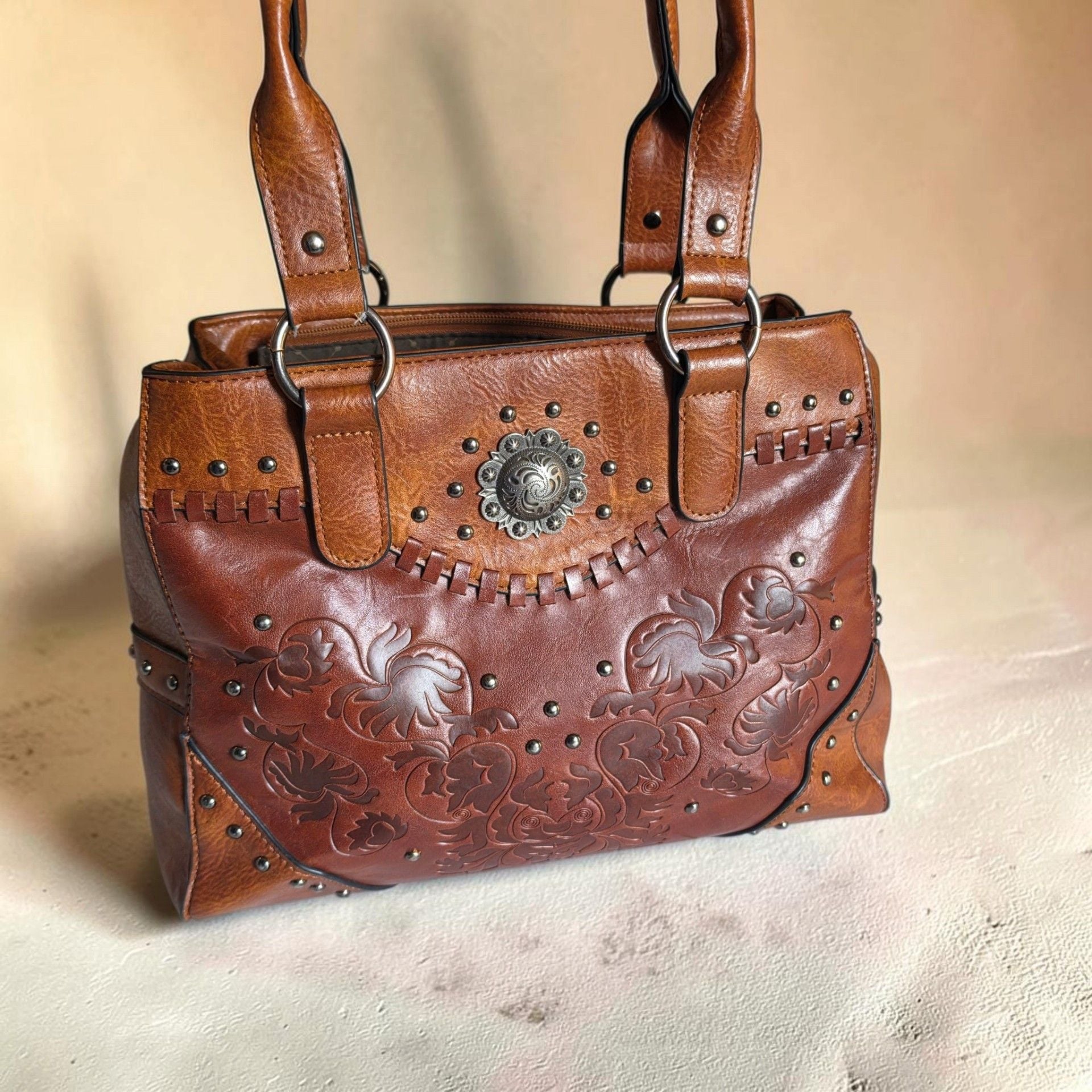 Lavawa Vintage Embossed Concho Studs Shoulder Bag Brown 2