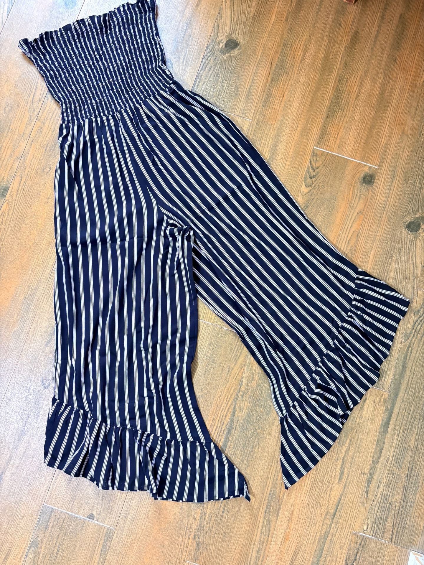 Angie Smocked Jumpsuit Size S Black White Striped Ruffle Hem 3