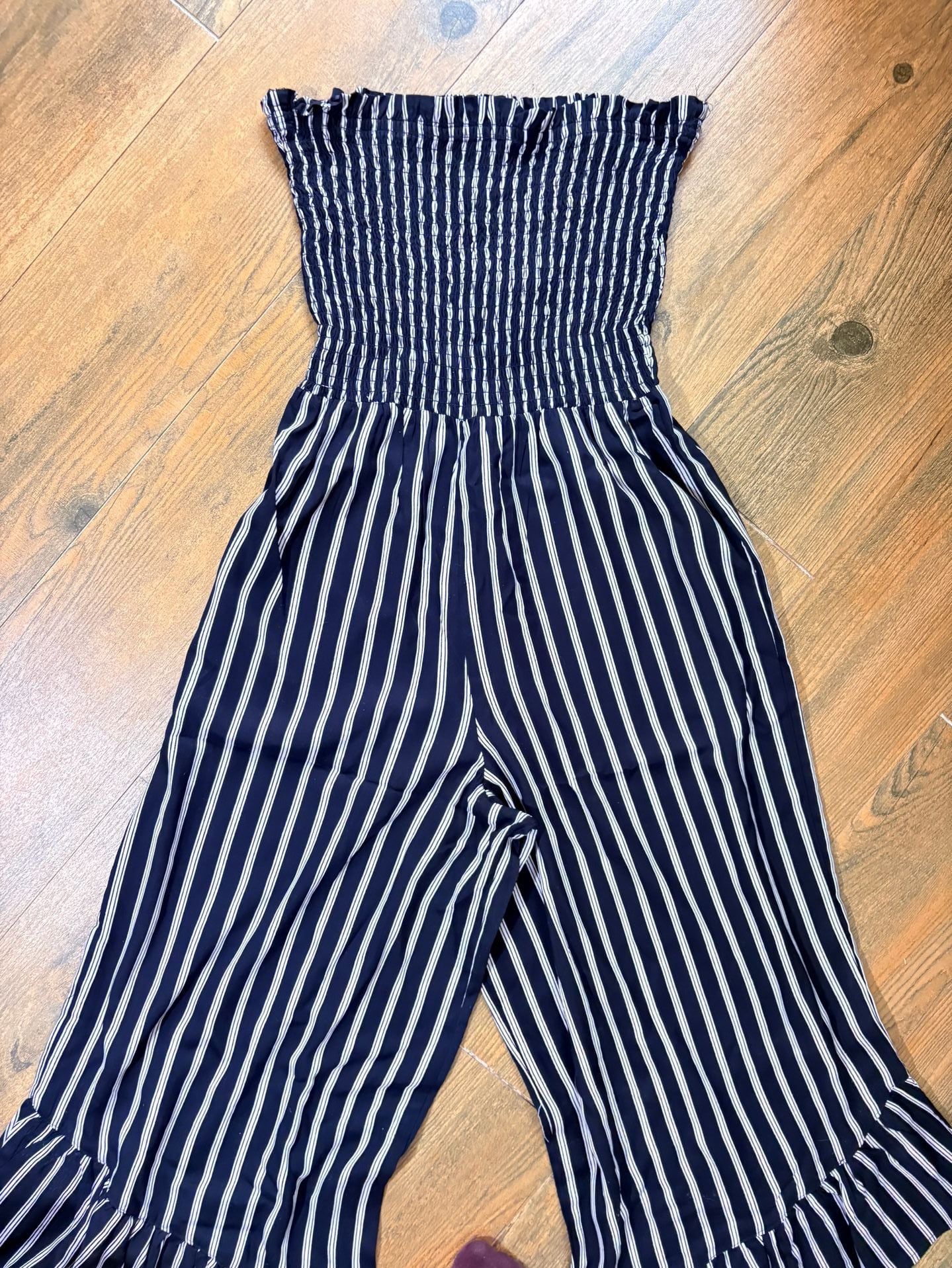 Angie Smocked Jumpsuit Size S Black White Striped Ruffle Hem 5