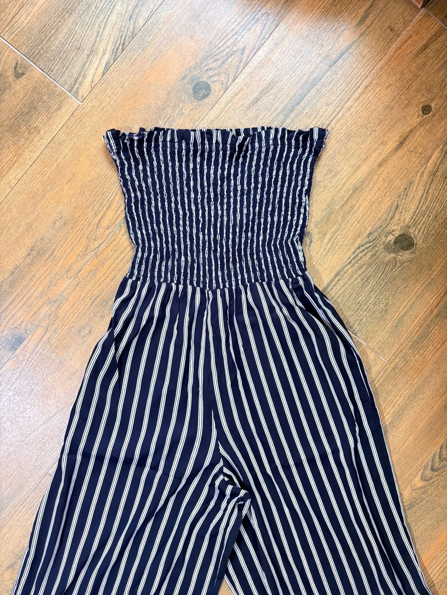 Angie Smocked Jumpsuit Size S Black White Striped Ruffle Hem 4