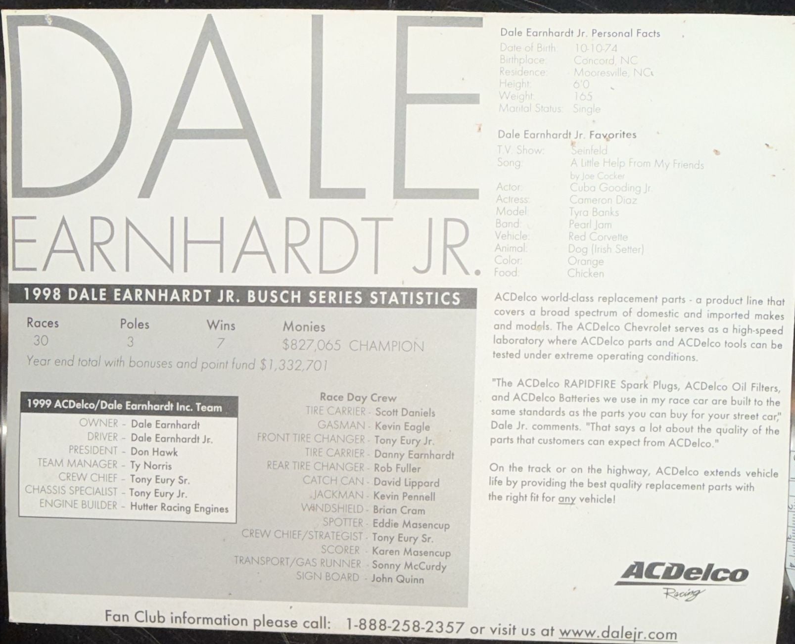 Signed ACDelco Dale Earnhardt Jr 1998 Busch Grand National Champion Sign 3