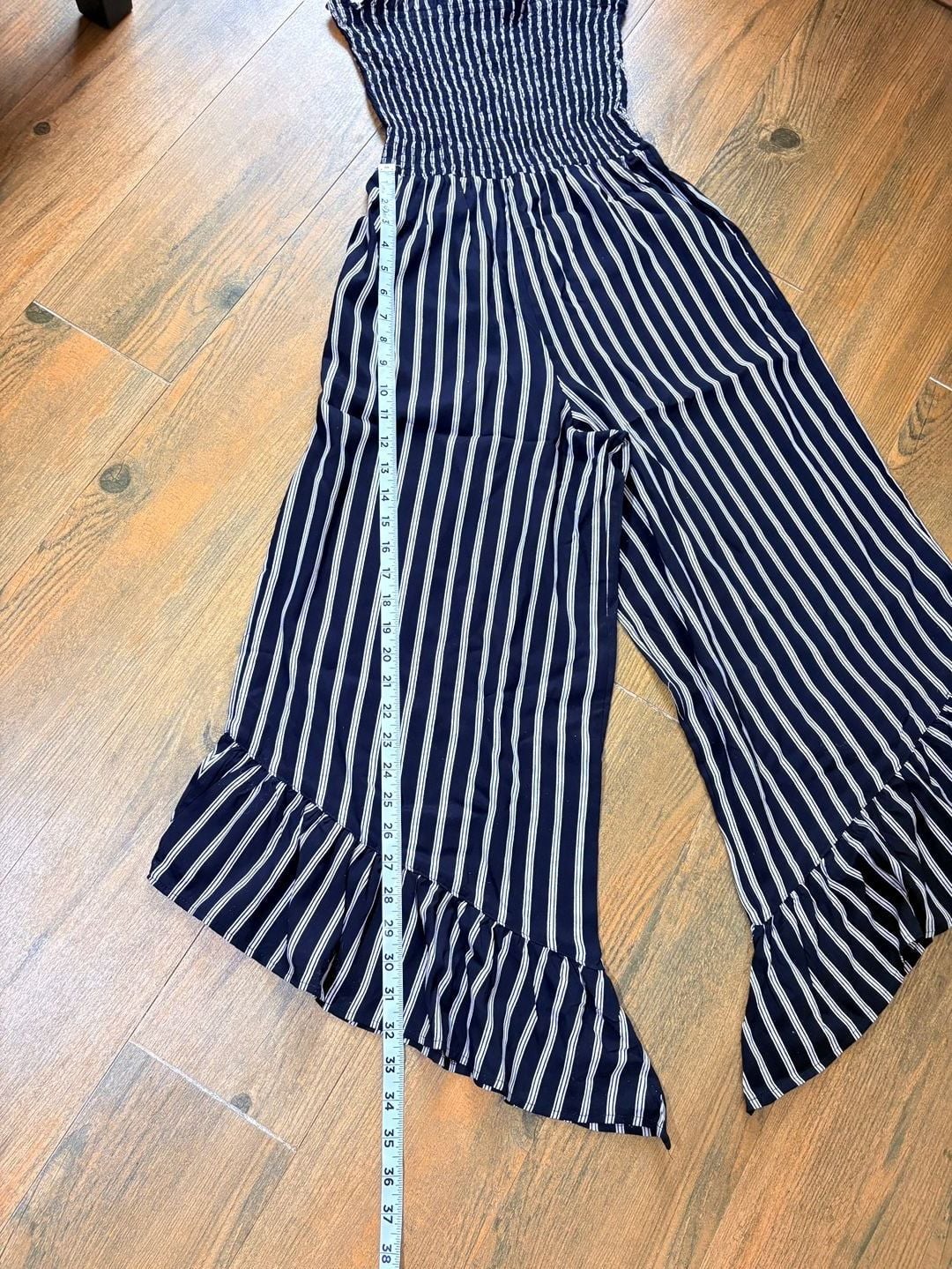 Angie Smocked Jumpsuit Size S Black White Striped Ruffle Hem 9
