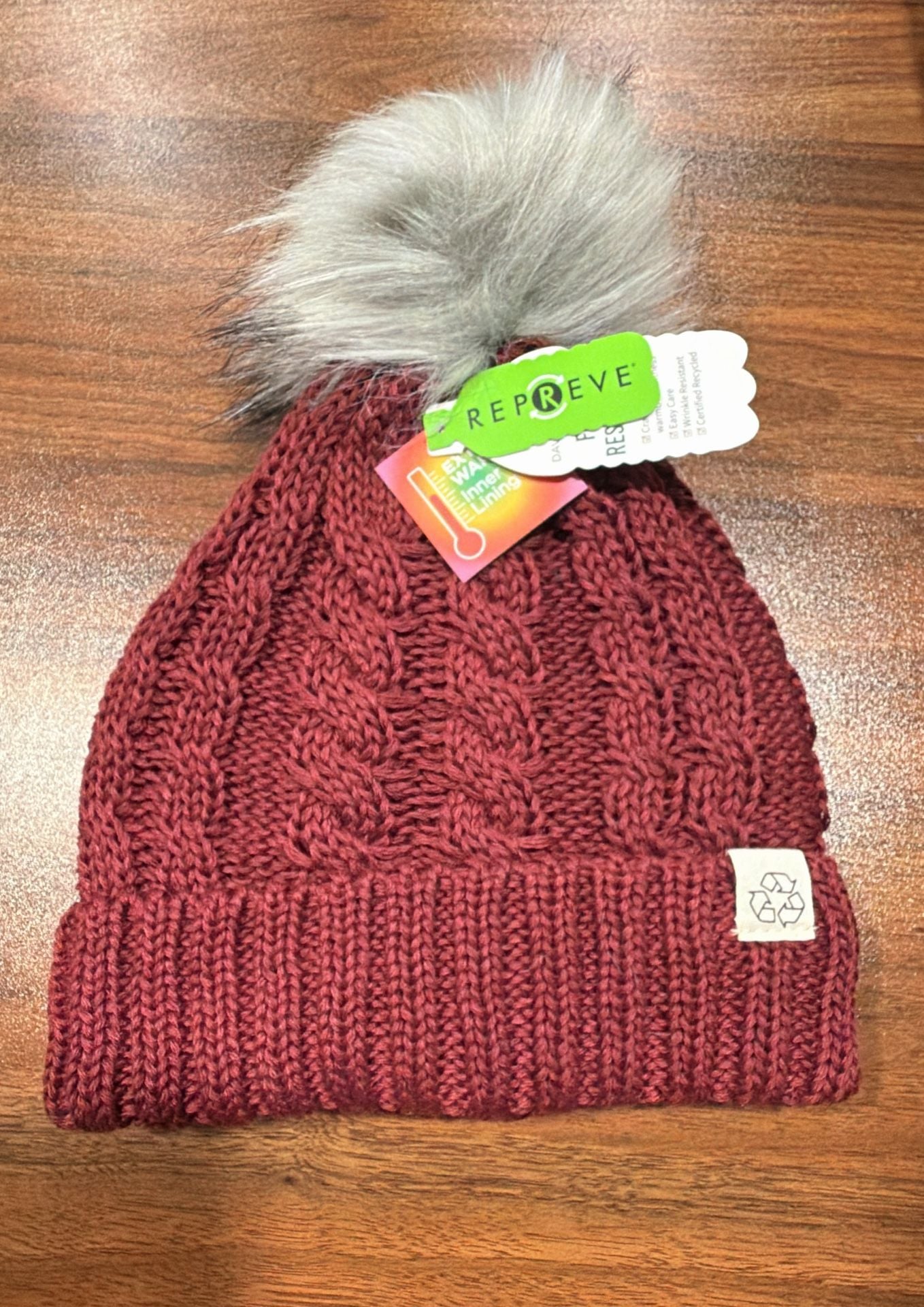 Repreve Cable Knit Beanie Burgundy Faux Fur Pom 2