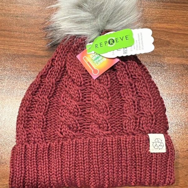 Repreve Cable Knit Beanie Burgundy Faux Fur Pom