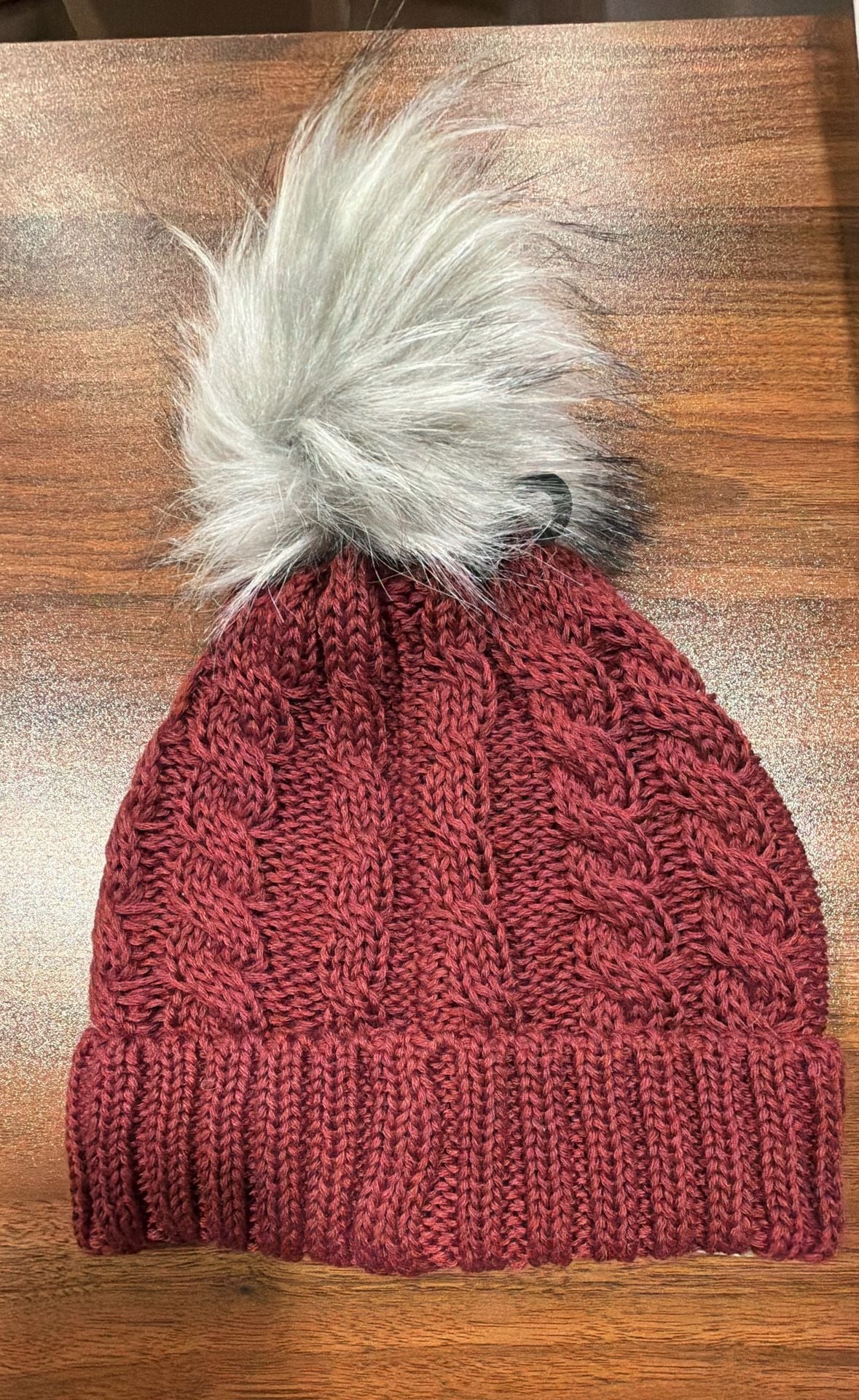 Repreve Cable Knit Beanie Burgundy Faux Fur Pom 3