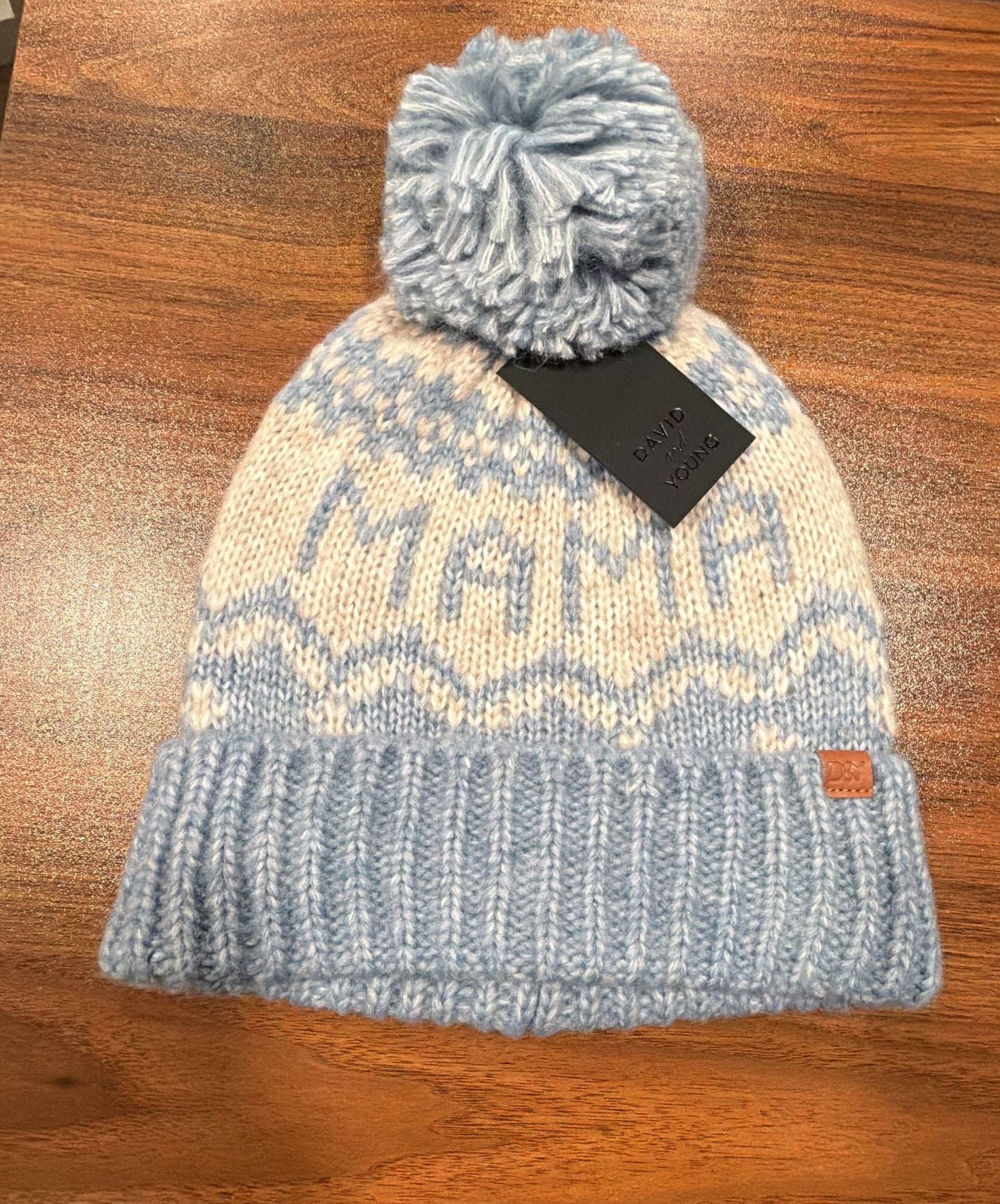 David And Young Mama Beanie Pom Blue White Fair Isle 2