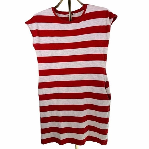 Boden T-Shirt Dress Size US 6R Red White Striped Cap Sleeve Pockets