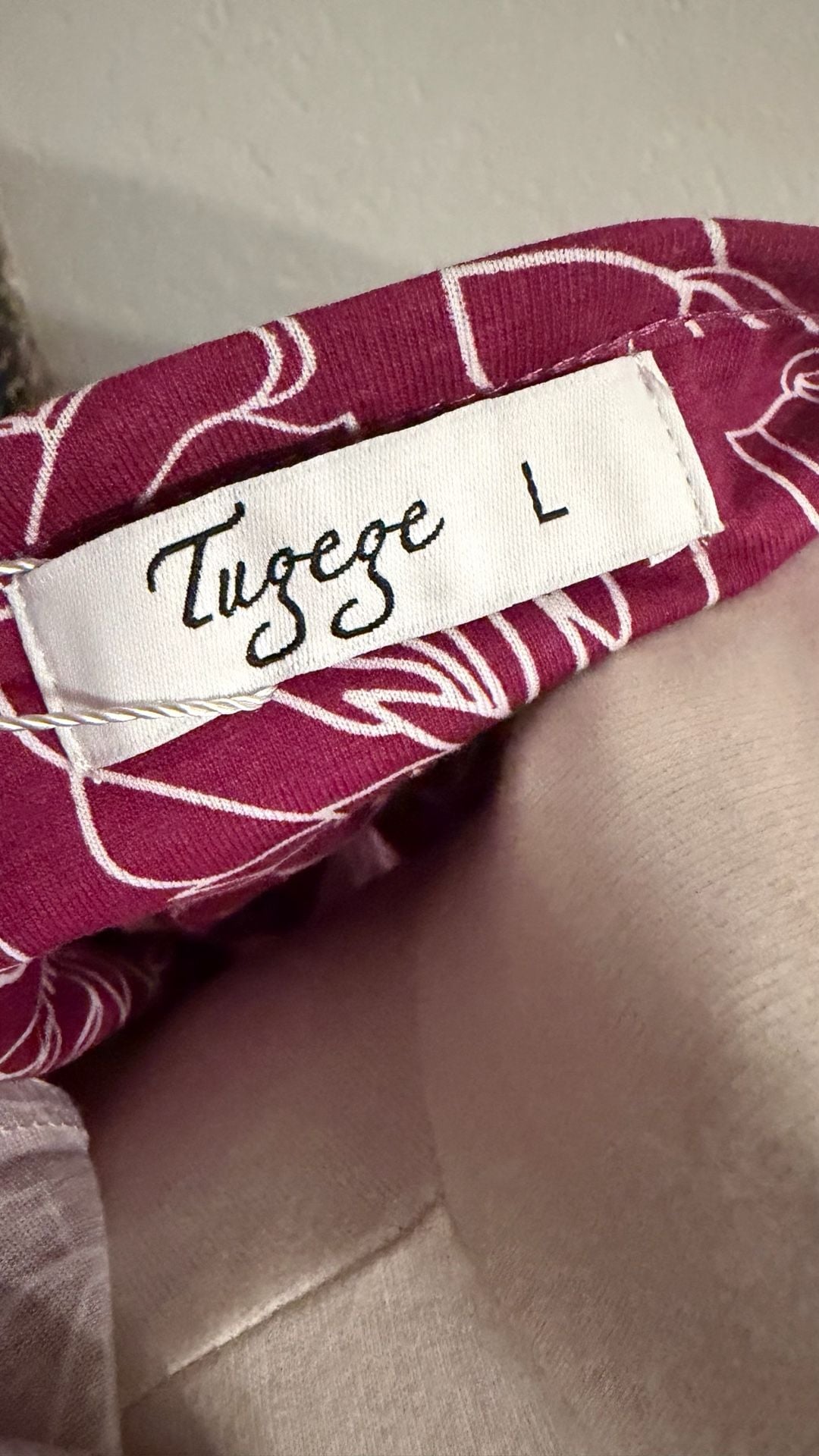 Tugege Dress Size L Burgundy White Floral Short Sleeve Crewneck 6