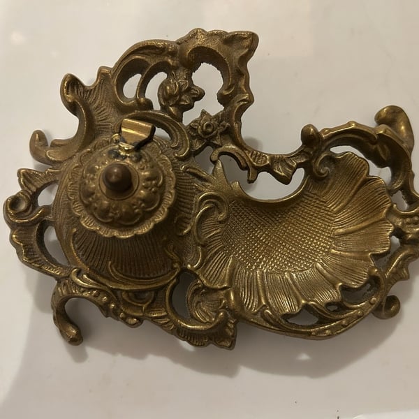 Vintage Ornate Brass Inkwell Pen Tray Writing Accessory