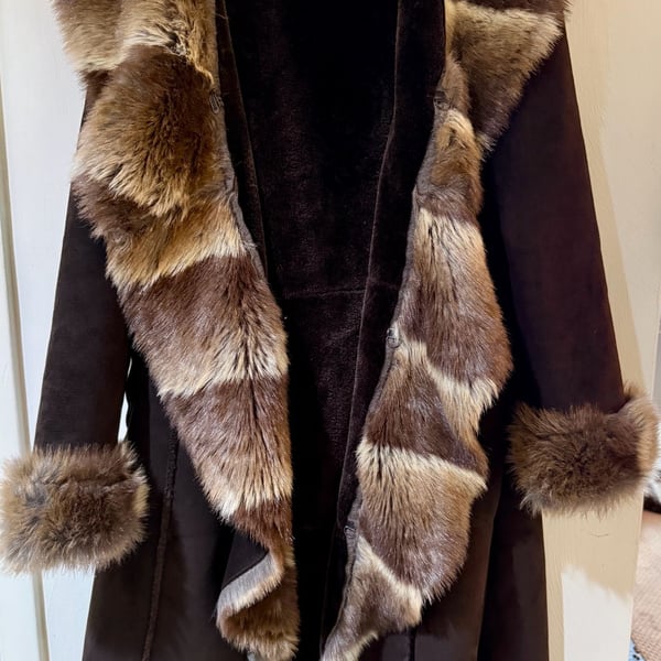 Kenar Faux Fur Penny Lane Coat Womens S Brown Y2K Boho Long Winter Jacket