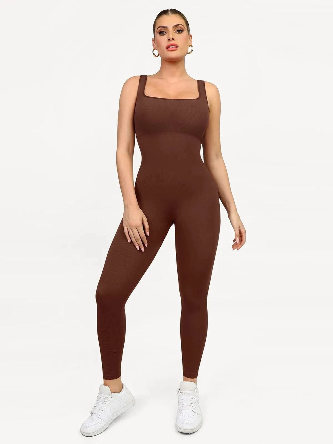 Popilush Seamless Square Neck Sport Jumpsuit Brown 2
