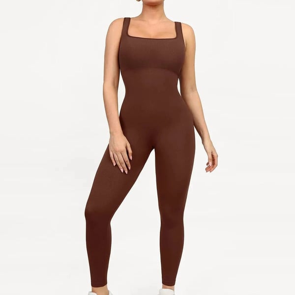 Popilush Seamless Square Neck Sport Jumpsuit Brown