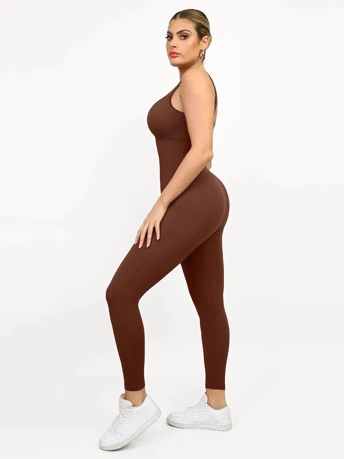 Popilush Seamless Square Neck Sport Jumpsuit Brown 3