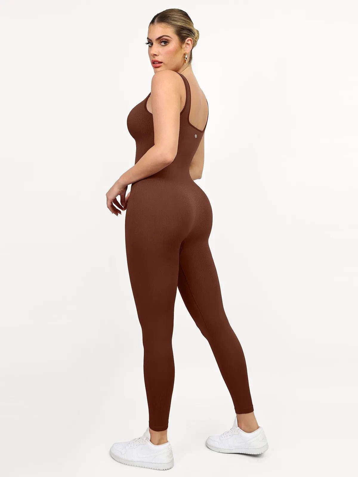 Popilush Seamless Square Neck Sport Jumpsuit Brown 4