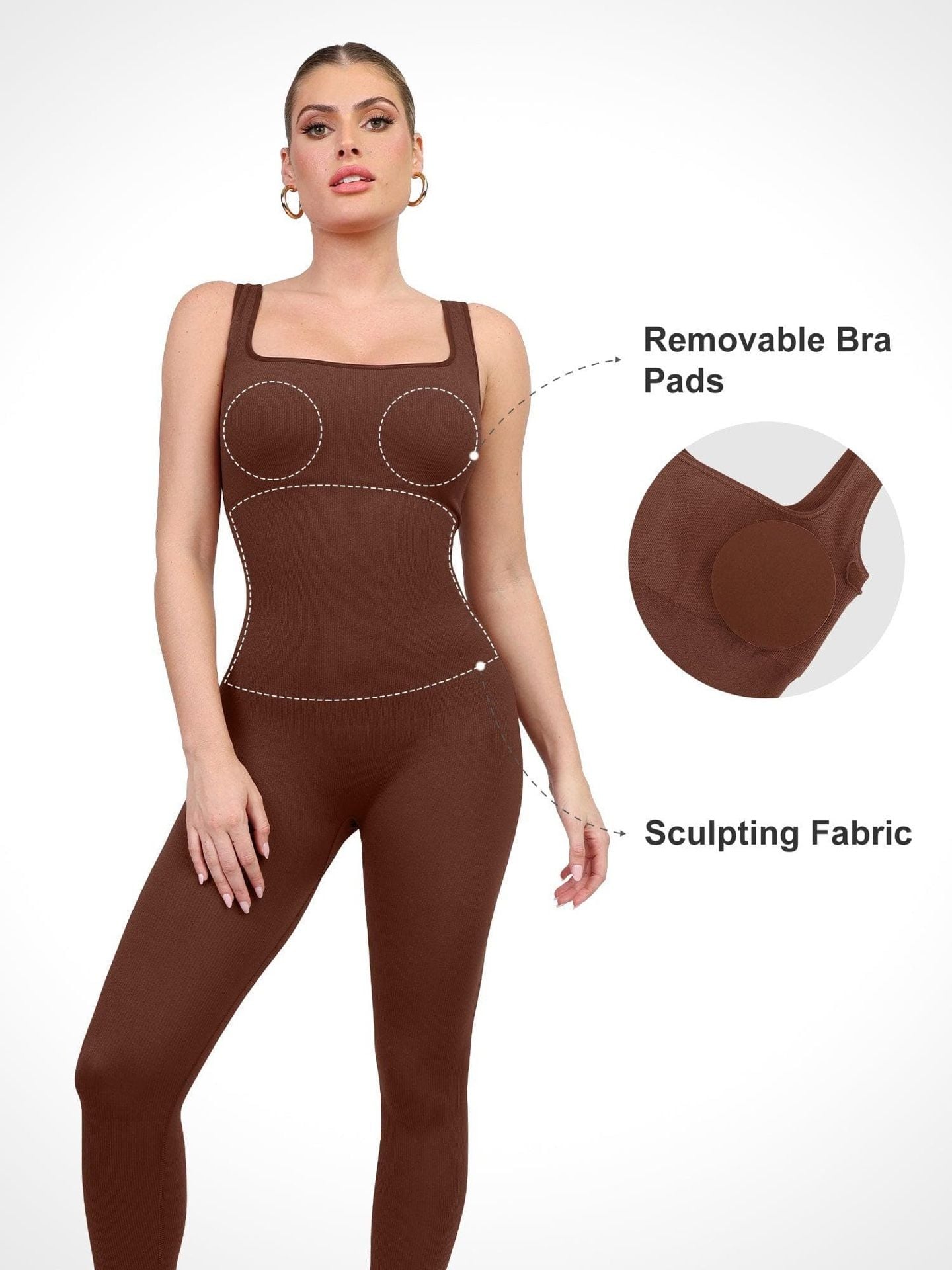 Popilush Seamless Square Neck Sport Jumpsuit Brown 8