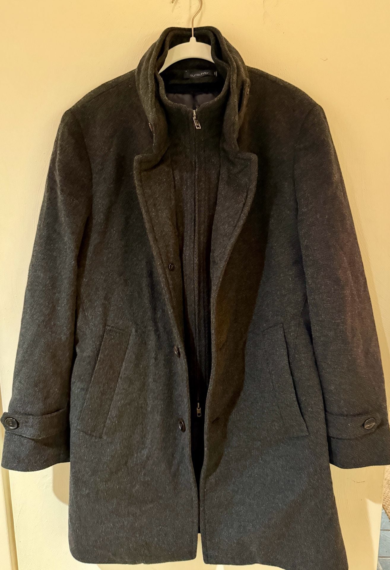 Suitsupply Bergamo Dark Gray 100% Wool Overcoat with Removable Down Liner US 36 6