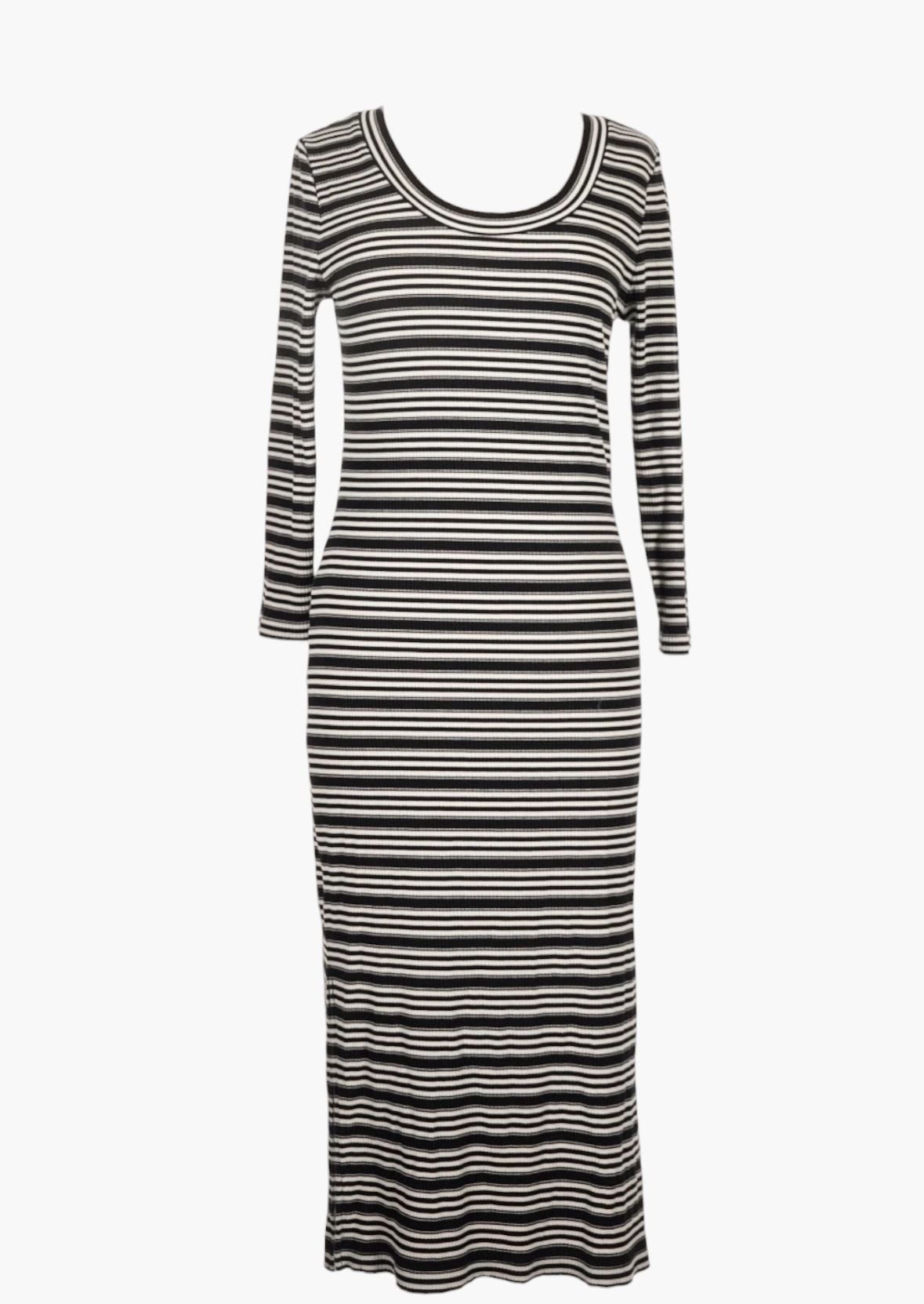 Banana Republic Striped Midi Dress Size L Black White Ribbed Long Sleeve 2
