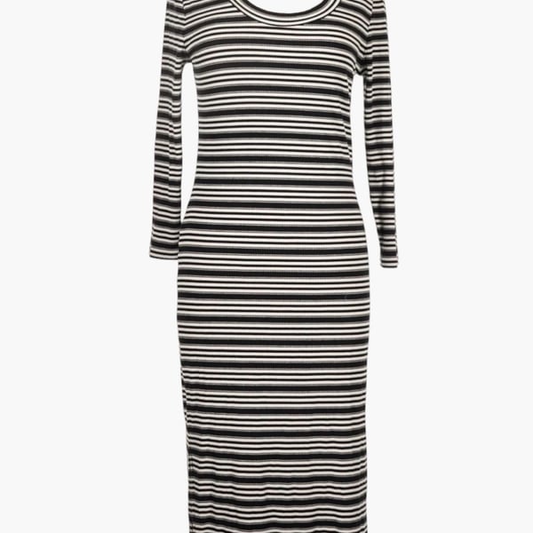 Banana Republic Striped Midi Dress Size L Black White Ribbed Long Sleeve