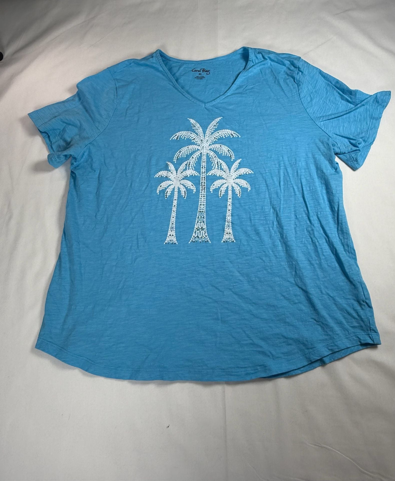 Coral Bay Palm Tree V-Neck T-Shirt Size XL Blue Cotton Rhinestone 2