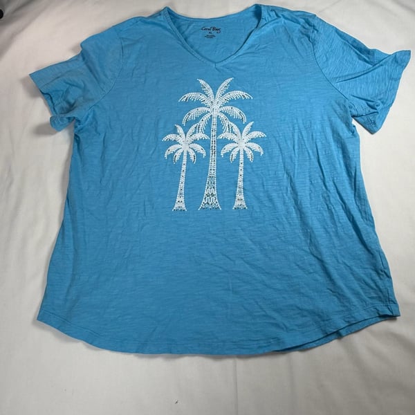 Coral Bay Palm Tree V-Neck T-Shirt Size XL Blue Cotton Rhinestone